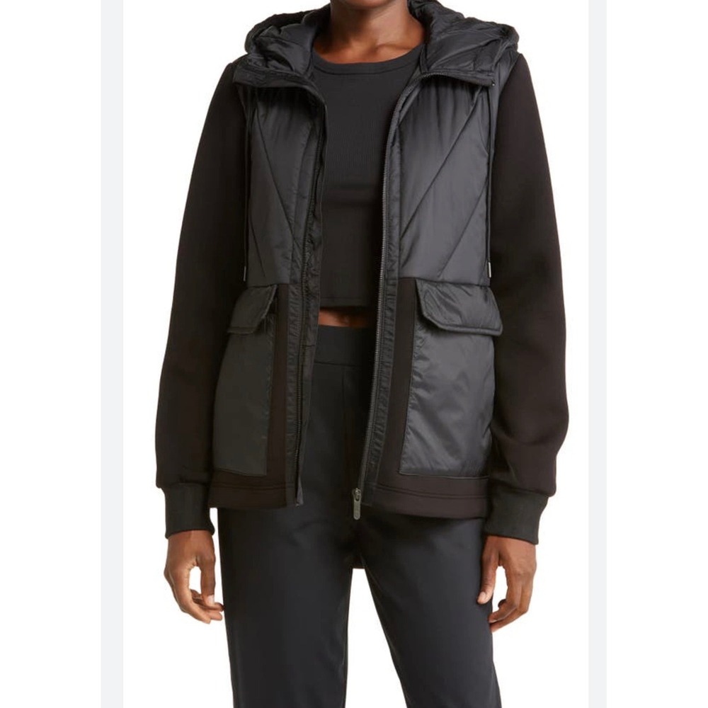 $129 ZELLA Black Hybrid Puffer Fleece Hooded Jacket Womens LARGE Chevron Quilted